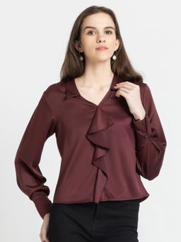 SHAYE - Brown Satin Full Sleeves Top