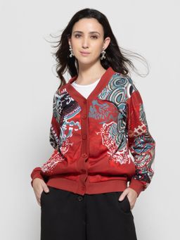 SHAYE - Rust Polyester Full Sleeves Cardigan