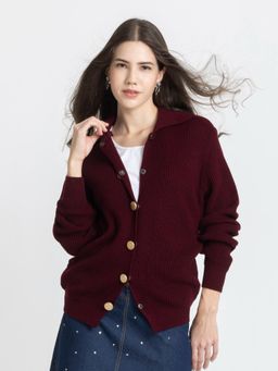 SHAYE - Maroon Wool Full Sleeves Cardigan