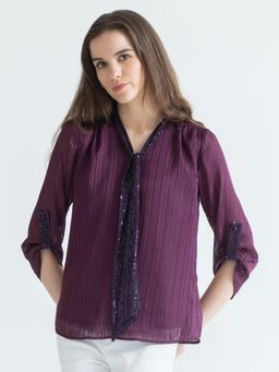 SHAYE - Purple Satin Three Fourth Sleeves Top