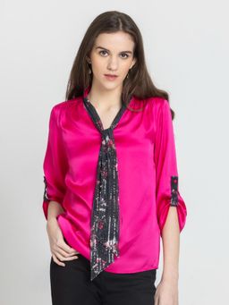 SHAYE - Pink Satin Three Fourth Sleeves Top