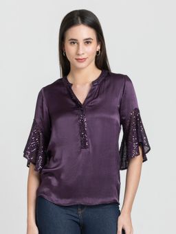 SHAYE - Purple Satin Three Fourth Sleeves Top