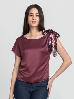 SHAYE - Brown Satin Half Sleeves Top
