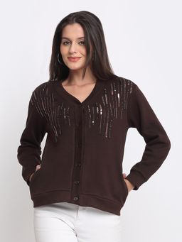 SHAYE - Brown Fleece Full Sleeves Cardigan