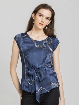 SHAYE - Blue Satin Half Sleeves Top