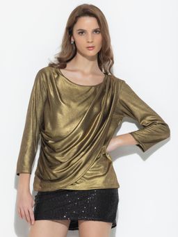 SHAYE - Gold Polyester Three Fourth Sleeves Top