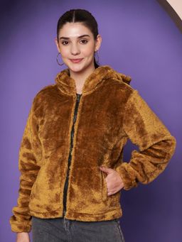 BRINNS - Gold Faux Fur Full Sleeves Hoodie