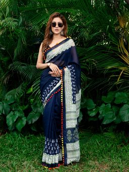 Beatitude - Women Blue Off White Ethnic Motifs Saree with Unstitched Blouse
