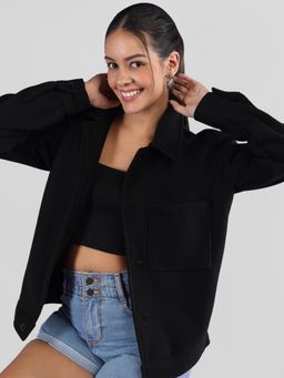 CHKOKKO - Women Winter Wear Solid Button Down Spread Collar Shacket