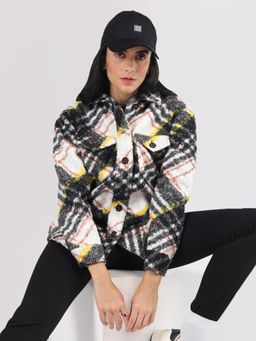 HONNETE - Women Black and White Regular Fit Checked Parka Coat