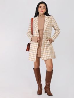 HONNETE - Women Beige Regular Fit Checked Pea Coat