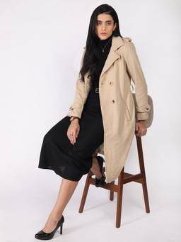 HONNETE - Women Beige Regular Fit Solid Overcoat with Belt Coat with Belt (Set of 2)