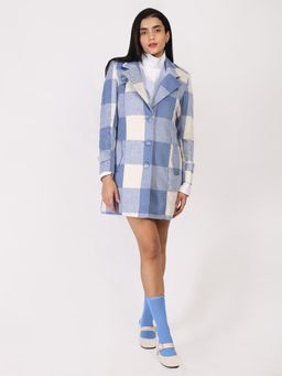 HONNETE - Women Blue and White Regular Fit Checked Parka Coat