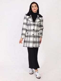 HONNETE - Women White and Grey Regular Fit Checked Parka Coat
