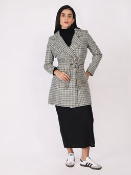 HONNETE - Women Grey and Black Regular Fit Checked Parka Coat with Belt (Set of 2)