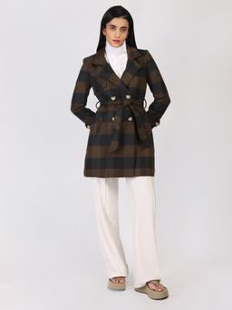 HONNETE - Women Brown and Black Regular Fit Checked Parka Coat with Belt (Set of 2)