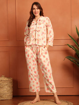 TAG 7 - Women Beige Floral Print Delight Cotton Shirt with Pyjama