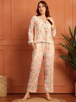 TAG 7 - Women Beige Floral Print Shirt with Pyjama