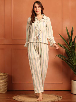 TAG 7 - Women Beige Cotton Stripes Shirt with Pyjama