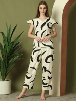 TAG 7 - Women Off White Printed Cotton Top with Pyjama