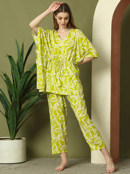 TAG 7 - Women Green Floral Rayon Kaftan Top with Pyjama