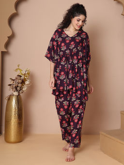 TAG 7 - Women Wine Floral Print Rayon Kaftan Top with Pyjama