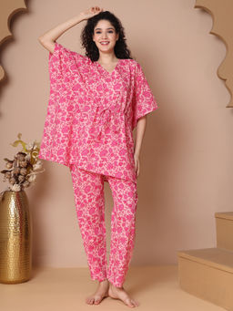 TAG 7 - Women Pink Floral Cotton Kaftan Top with Pyjama