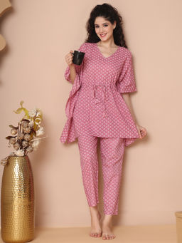 TAG 7 - Women Pink Floral Cotton Kaftan Top with Pyjama