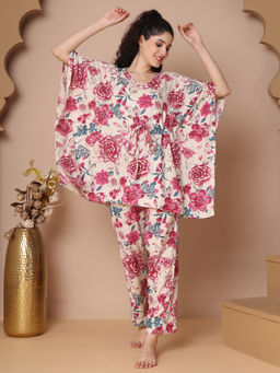 TAG 7 - Women Beige Floral Cotton Kaftan Top with Pyjama