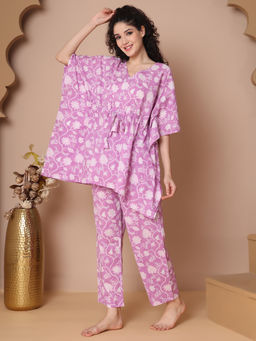 TAG 7 - Women Lavender Floral Cotton Kaftan Top with Pyjama