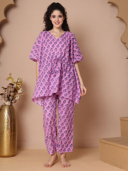 TAG 7 - Women Lavender Floral Printed Cotton Kaftan Top with Pyjama