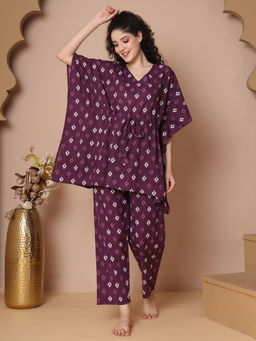 TAG 7 - Women Purple Printed Cotton Kaftan Top with Pyjama
