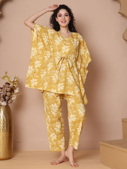 TAG 7 - Women Mustard Floral Print Cotton Kaftan Top with Pyjama