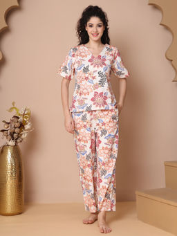 TAG 7 - Women White Floral Printed Cotton Top with Pyjama