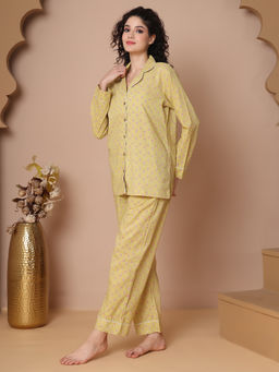 TAG 7 - Women Yellow Floral Printed Cotton Shirt with Pyjama