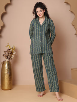 TAG 7 - Women Dark Green Striped Printed Cotton Shirt with Pyjama