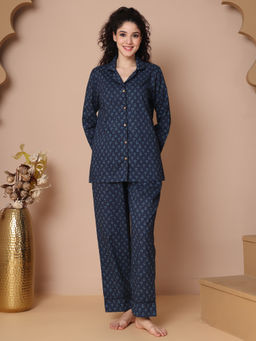 TAG 7 - Women Navy Blue Floral Printed Cotton Shirt with Pyjama