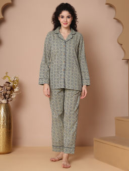 TAG 7 - Women Beige Floral Printed Cotton Shirt with Pyjama