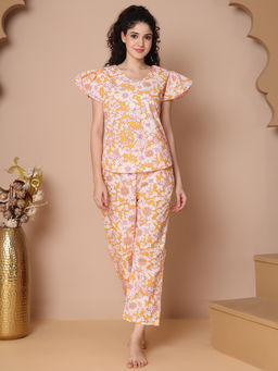 TAG 7 - Women Orange Floral Cotton Top with Pyjama