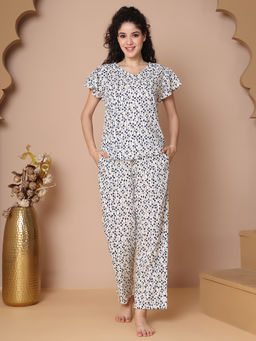 TAG 7 - Women White Blue Printed Rayon Top with Pyjama