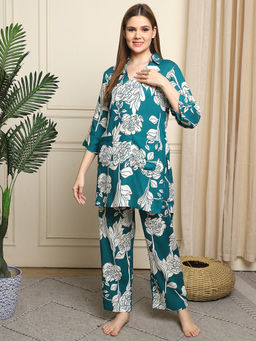 TAG 7 - Women Teal Floral Printed Kurti with Pyjama