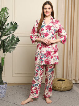 TAG 7 - Women Off White Floral Printed Kurti with Pyjama