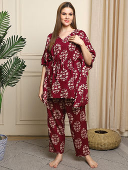 TAG 7 - Women Burgundy Floral Print Cotton Kaftan Top with Pyjama