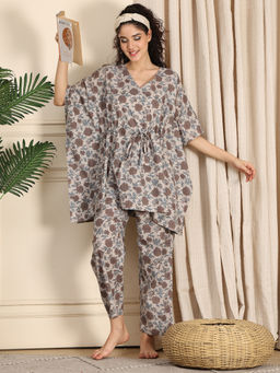 TAG 7 - Women Grey Floral Cotton Kaftan Top with Pyjama