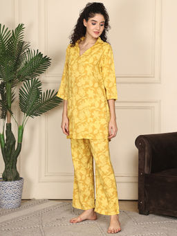 TAG 7 - Women Yellow Floral Cotton Kurti with Pyjama