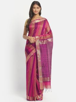 Fabindia - Purple Cotton Silk Maheshwari Woven Saree without Blouse