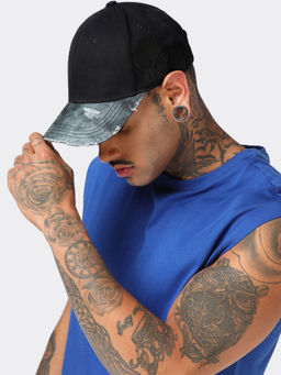 Bewakoof - Unisex Black Shadow Jaw Printed Distressed Acid Wash Baseball Cap