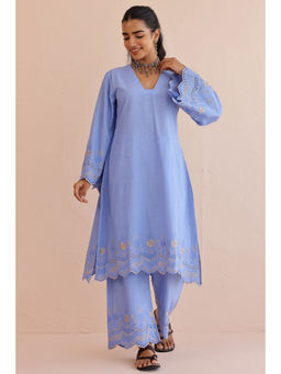 KURTISM - Blue Cotton Embroidered Kurta and Pant