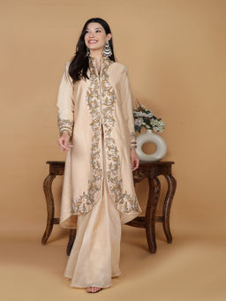 MILU MADAN - Light Peach Raw Silk Stone & Crystal Work Long Jacket with Drape Skirt