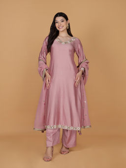 MILU MADAN - Onion Pink Self Katan Mirror Embroidery Kurta with Palazzo & Dupatta